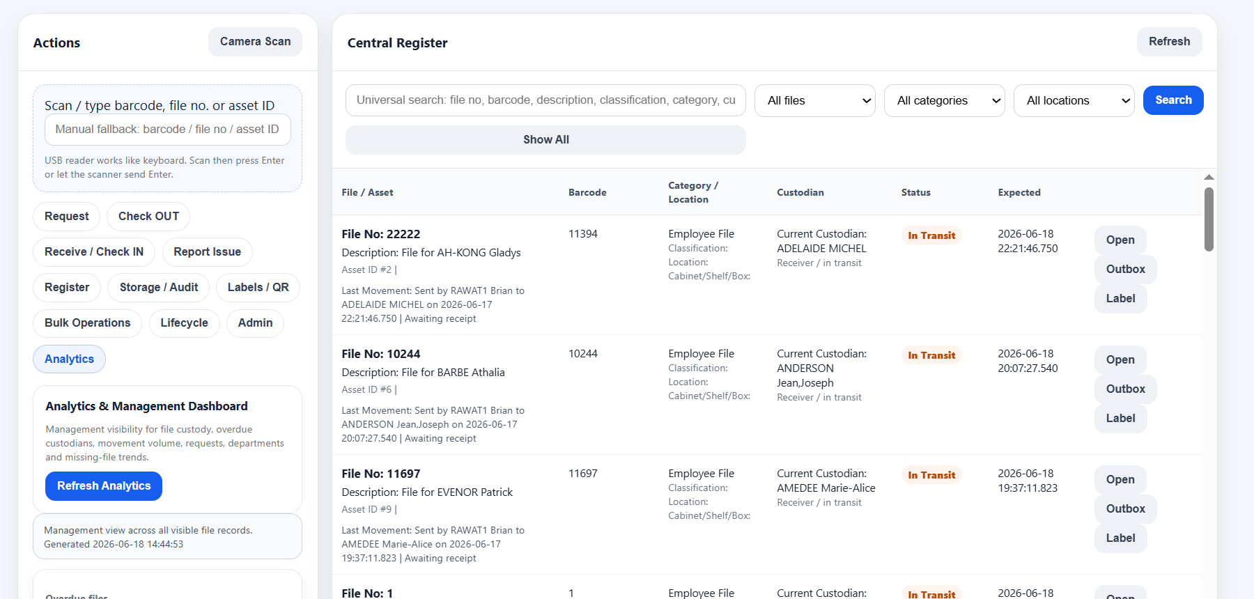 SPACE95 File and Asset Tracking dashboard screenshot