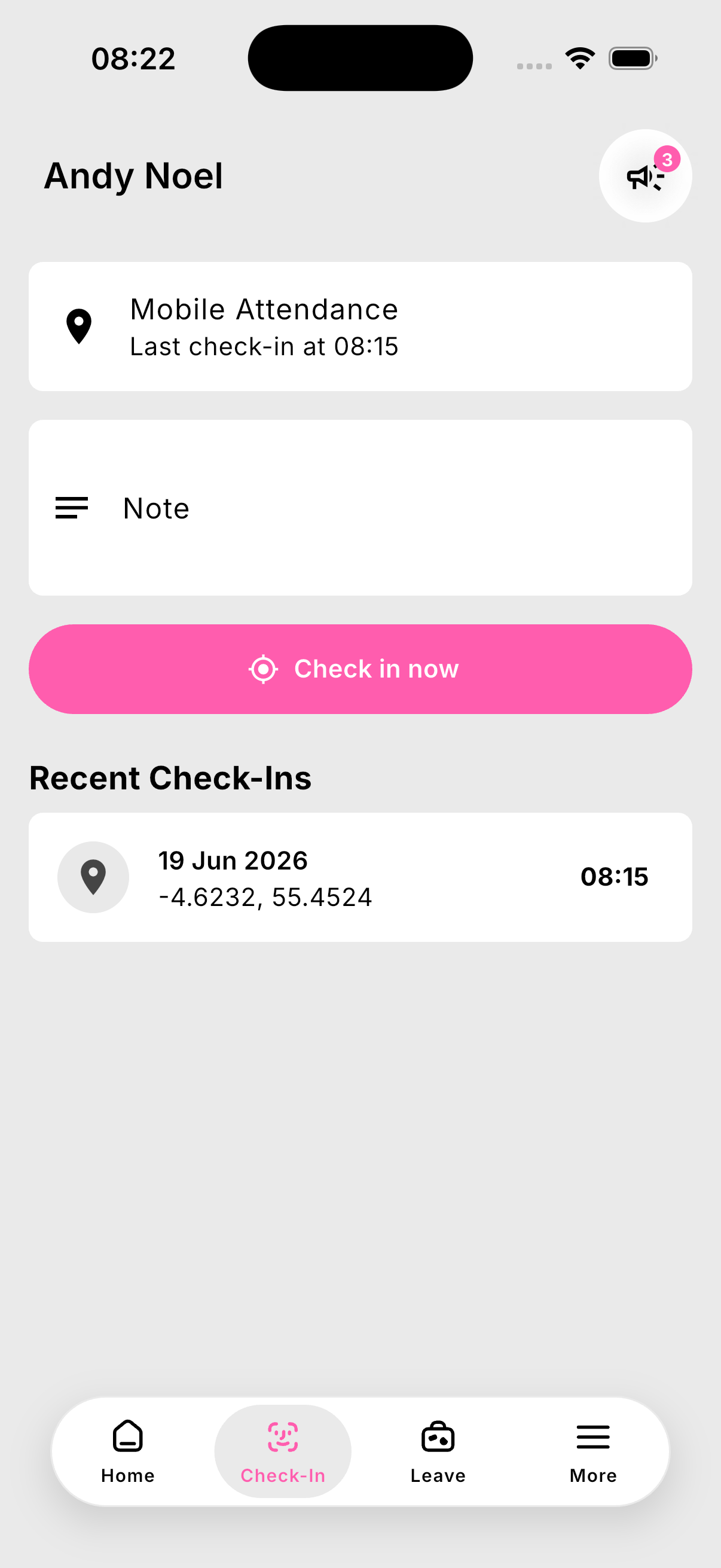 Check-in screen with recent location record