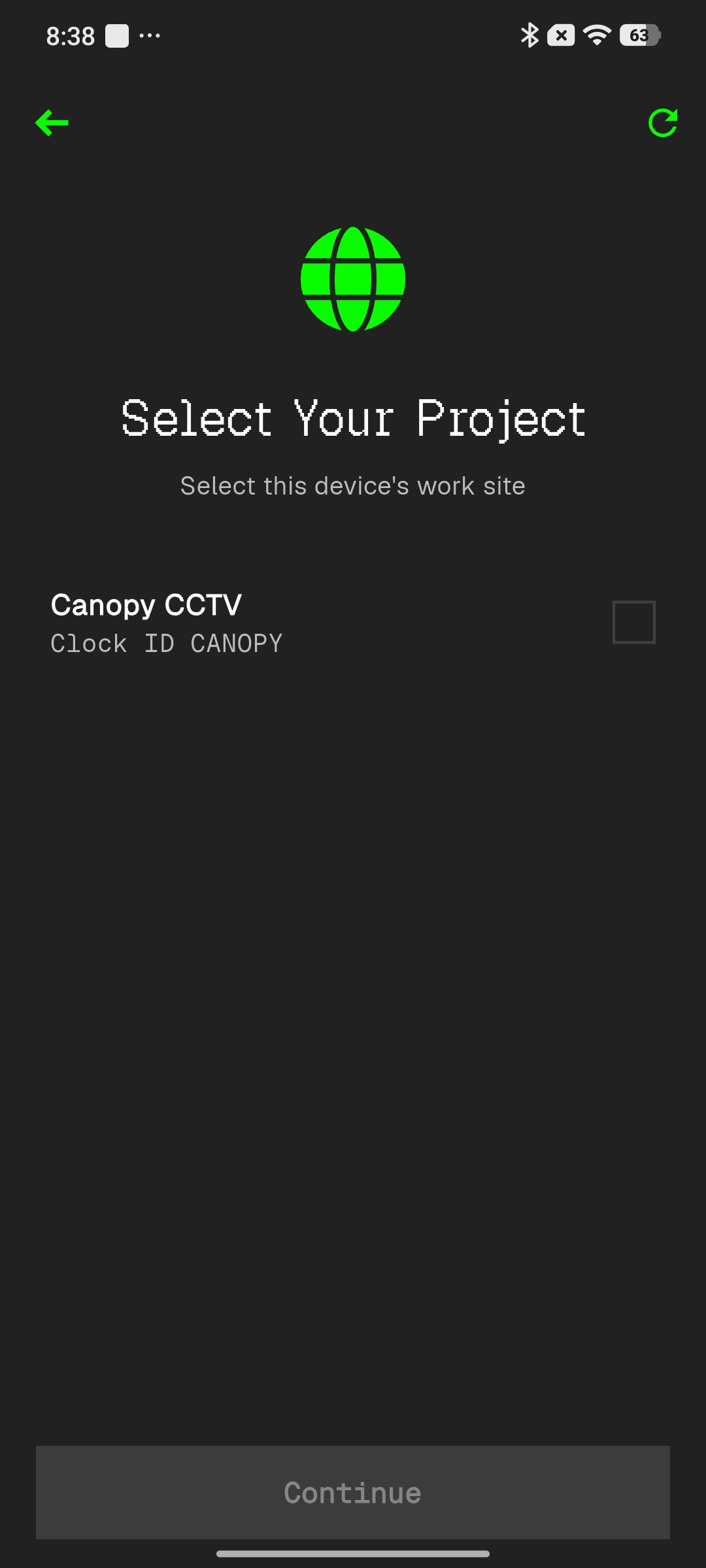 WorkSpace project selection screen